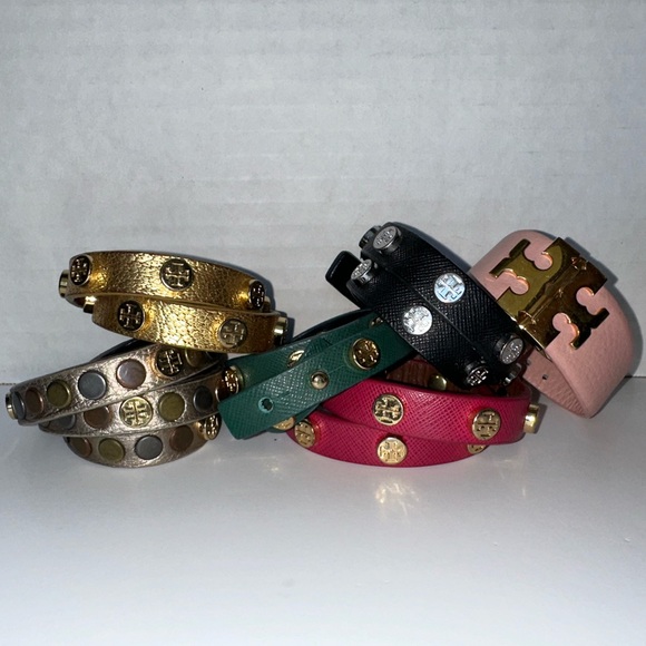 6 Tory Burch Leather Wrap Bracelet Stud Red Green Silver Black Gold Pink Set of6 - Picture 3 of 10